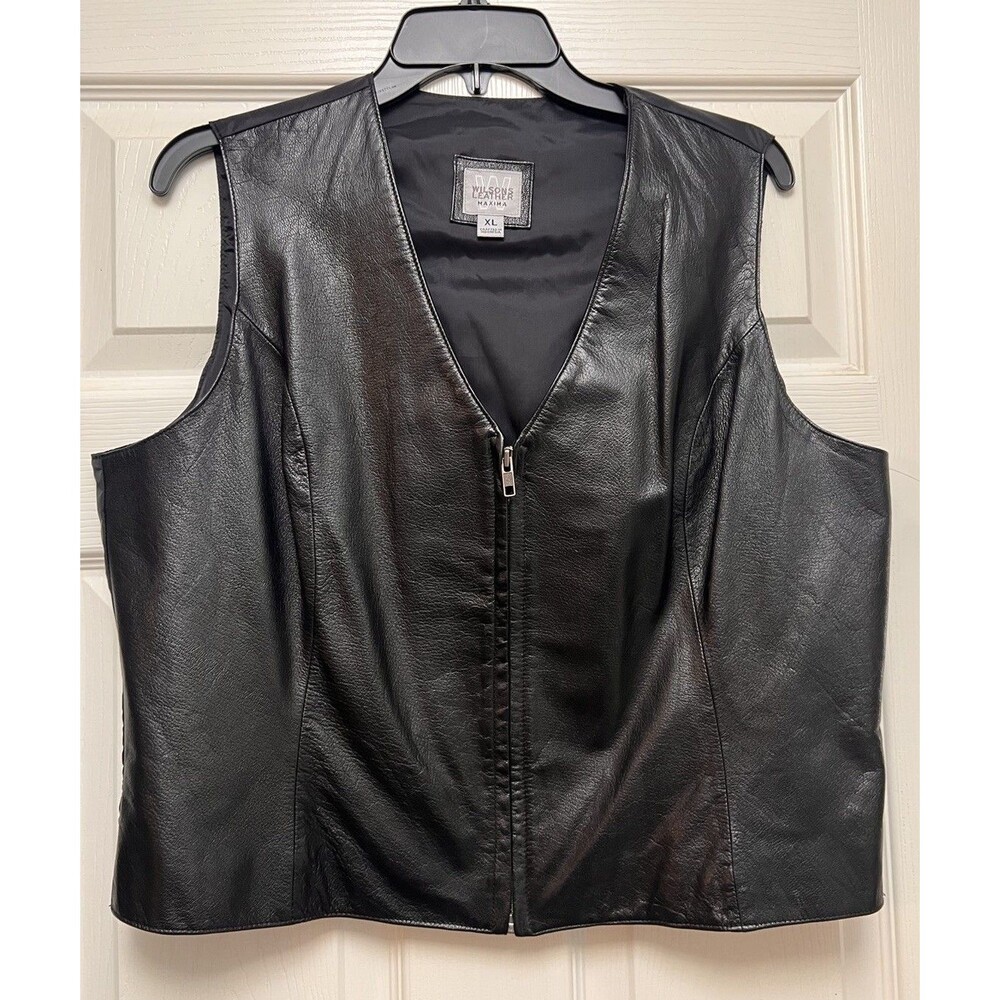 Vintage Black Leather Lined Zip Up Vest Wilsons Leather Maxima Size XL